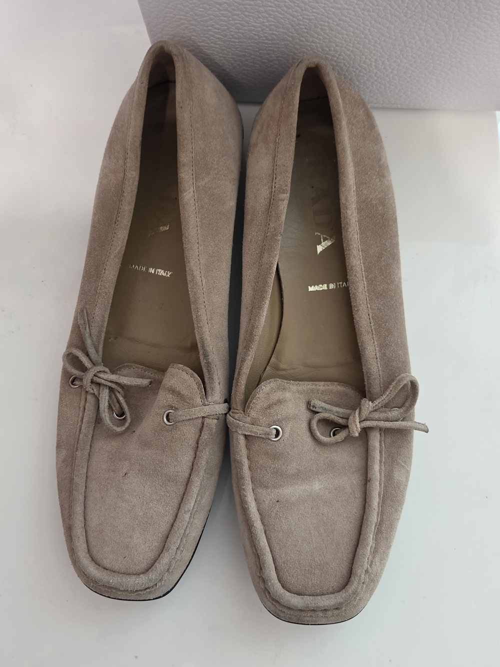 Prada Women's Suede Loafers in Taupe Beige